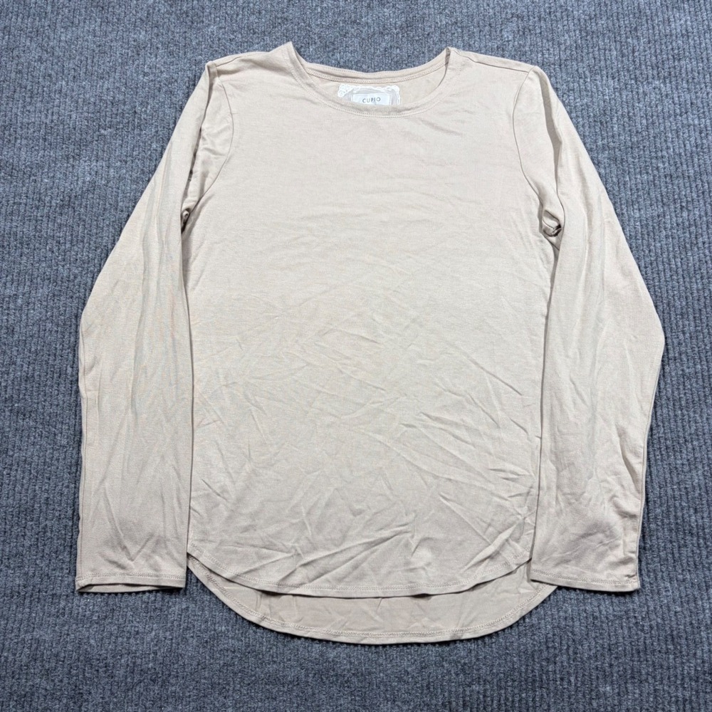 Cupio Shirt Womens M Tan Long Sleeve Crew Neck T-Shirt Curved Hem Basic Tee